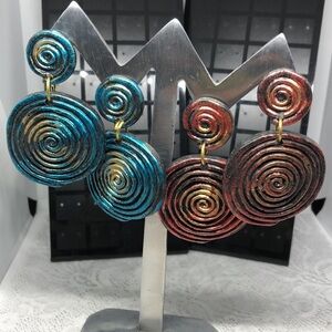 Retro Spiral Swirl Statement Rustic Modernist Abstruct Earrings Dangle Drop Long